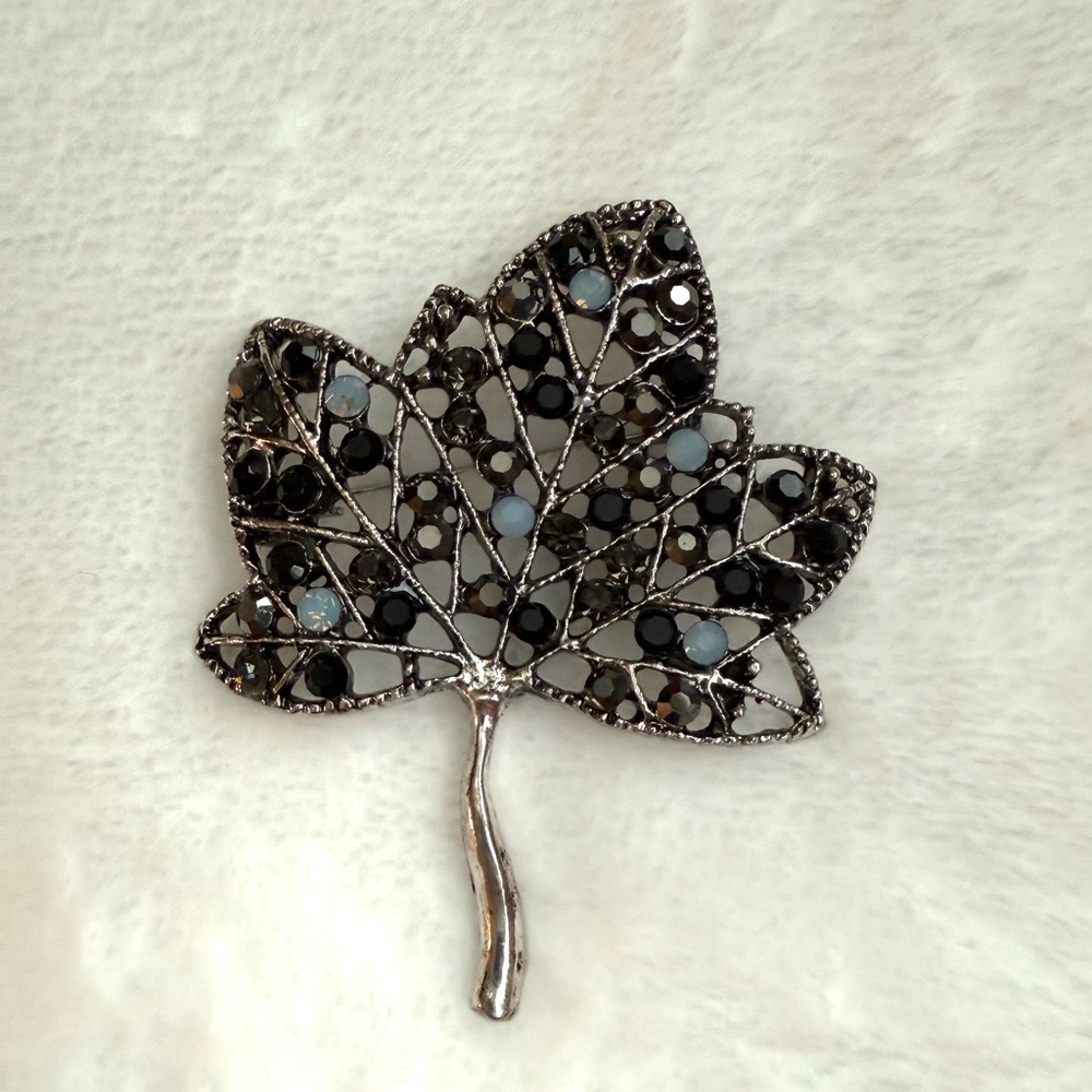 Black Blue and Silver Leaf Brooch NWOT